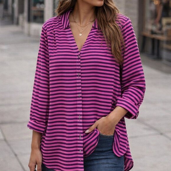Banana Republic Tops - Banana Republic size M Pink and Black Striped Sheer 3/4 sleeve button up blouse